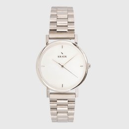 Silver stainless steel watch with a 32mm case diameter and a minimalist white dial.