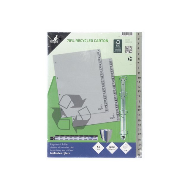Onglet ECO Kangaro A4 chiffres 180gr carton gris 4r 52pcs FSC