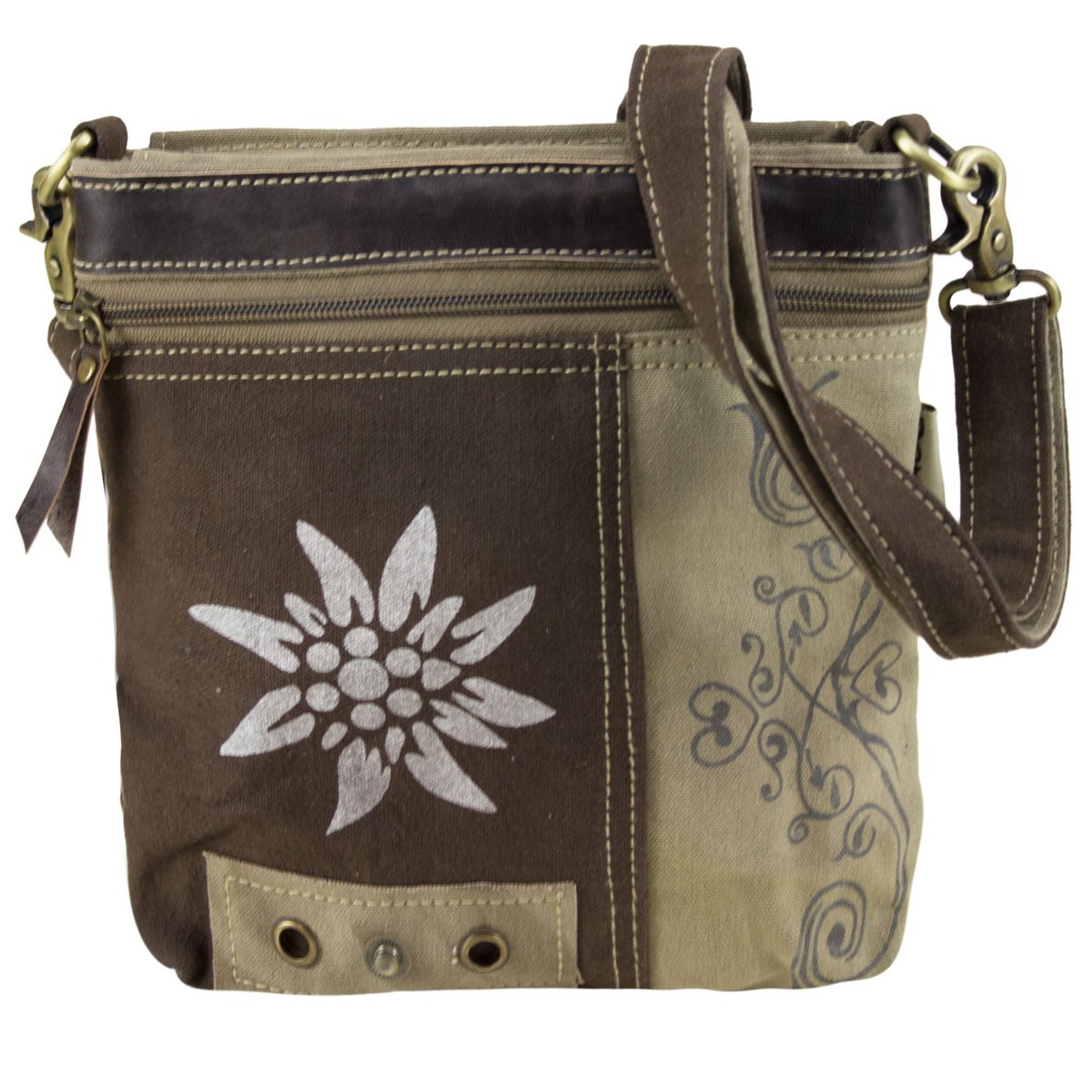 Domelo traditionele tas. Dames schoudertas. Dirndl schoudertas gemaakt van canvas (canvas) & leer. Handtas in traditionele stijl met Edelweiss-print. Crossbody tas voor dames als Oktoberfest accessoires.