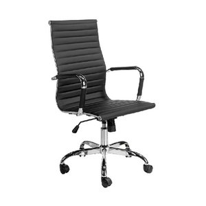 Swivel office chair upholstered in black leatherette with chromed steel frame