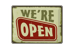 Tin sign note 40x30cm We're open