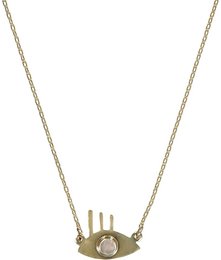 Gold-plated necklace with eye-shaped pendant and crystal accent, part of the limited edition "The Love Molecule" collection.