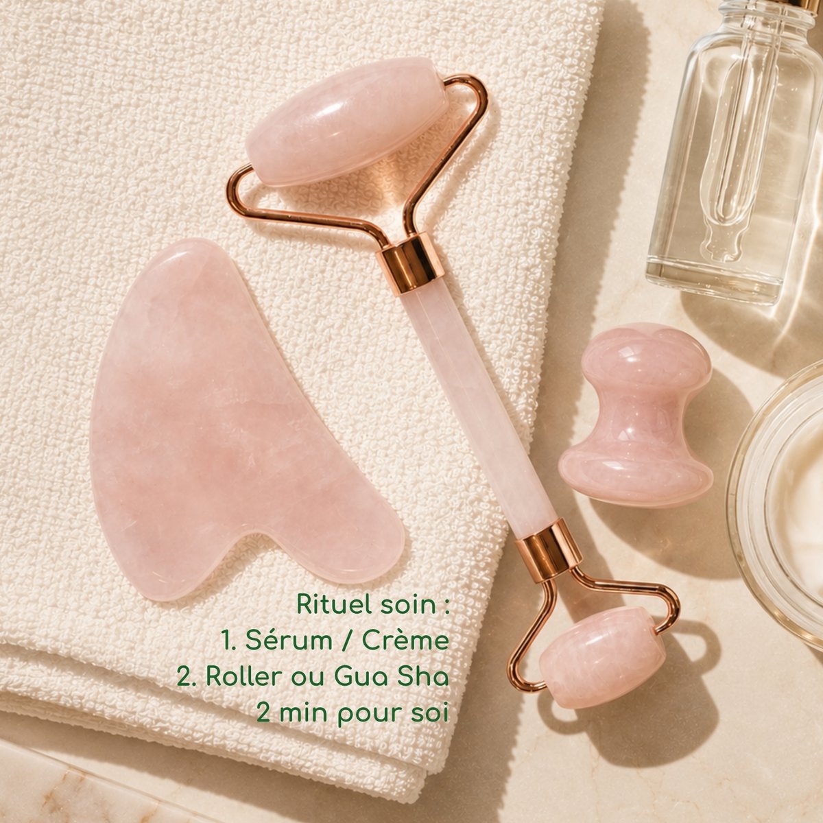 Gua Sha Quartz Rose - Natural Stone Face Masseur - Facial Care Accessories - Lifting - Anti -wrinkles - Cotton cover provided