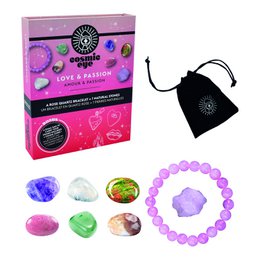 A gift box set with a cosmic eye design, featuring various items in shades of purple and pink. The box set is titled "Love & Passion" and is part of the COSMIC EYE collection.