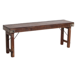 Wooden bench, foldable, 120 cm long, rustic style, rectangular shape, dark brown wood tone.