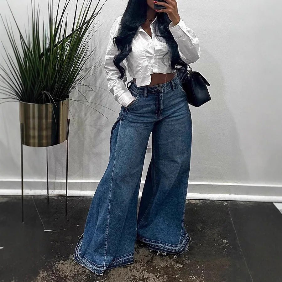 Jean ample à jambes larges, pantalon à cloche et à pompon