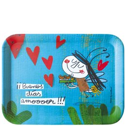 Rectangular serving tray with a whimsical illustration of a smiling character holding a cup, surrounded by red hearts and a playful, colorful background.