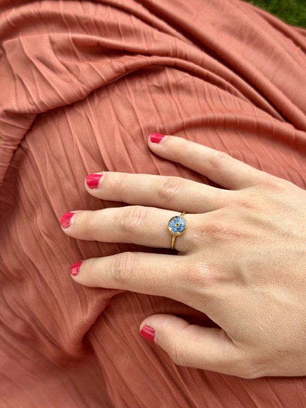 Stainless Steel Ring with real Forget-me-not flower
