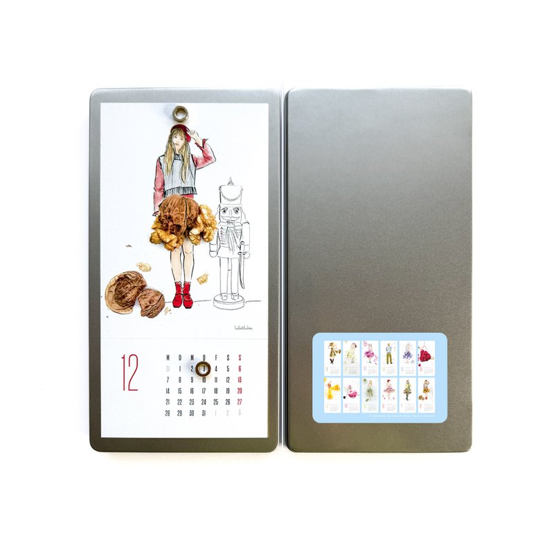Jaarkalender 2026 met ansichtkaarten - illustraties - metalen doos - 12 motieven - om op te zetten en op te hangen