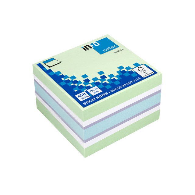 Info notes 75x75mm assorti kleuren blok a 450 vel: wit, pastelgroen, violet, pastelblauw