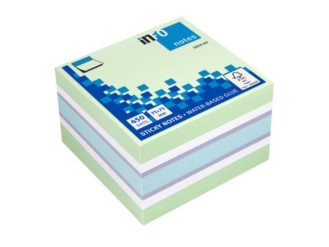 Info notes 75x75mm assorti kleuren blok a 450 vel: wit, pastelgroen, violet, pastelblauw