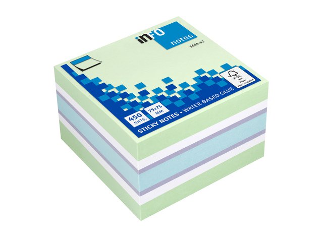 Info notes 75x75mm assorti kleuren blok a 450 vel: wit, pastelgroen, violet, pastelblauw