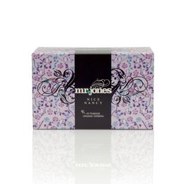 A floral-patterned box containing a tea product called "Mr. Jones - Nice Nancy". The box features a black and white label with the brand name "Mr. Jones" prominently displayed.