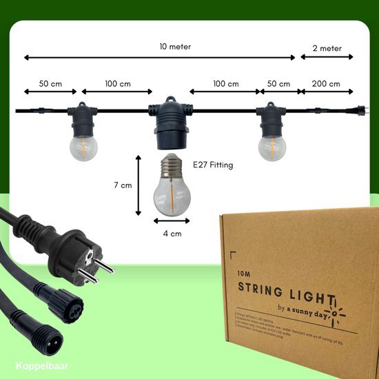 10 meter lysledning + 2 meter tilslutningskabel inklusive 10 LED-lamper