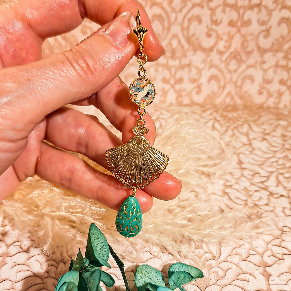 Boucles Eventail Perles arabesques Art deco Oiseau Fête des mères Cadeau Maman Cadeau Maîtresse