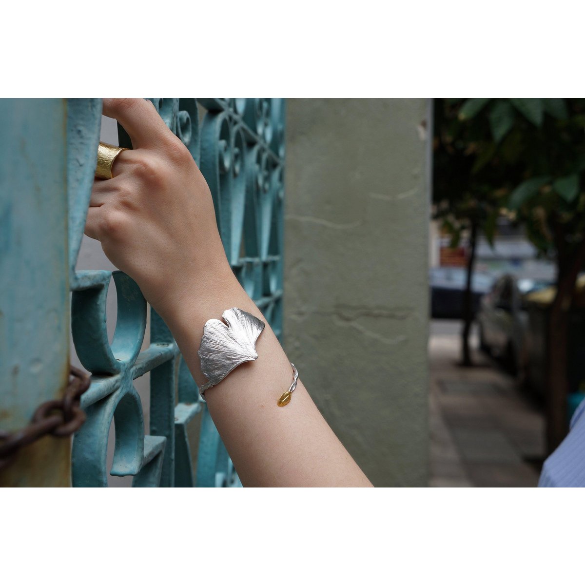 Nature-Inspired Silver Cuff Bracelet, Ginkgo Leaf with Rose Accent (Adjustable)