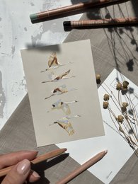 A postcard featuring a minimalist design with delicate bird silhouettes in various poses, printed on a light-colored background. The postcard is part of a friendship card collection.