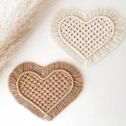 Heart shaped handwoven macrame coasters, natural cotton, bohemian style, beige tan colors, set of two