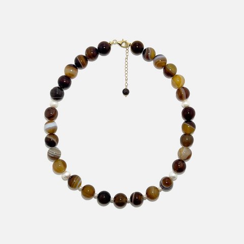 Latte Onyx & Pearl Necklace – 12mm Beaded Gemstone Jewerly
