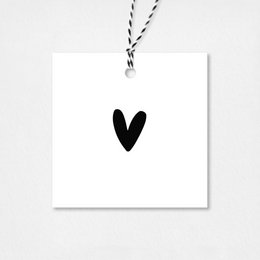 A simple black heart-shaped gift tag on a white background. The tag has a black and white striped string attached.