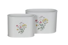 Oval-shaped plant pots in a set of 2, featuring a floral print design with various colorful flowers.