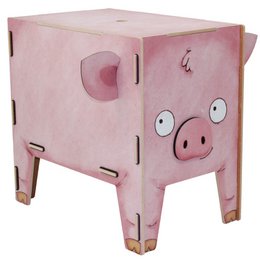 A yellow and black striped stool in the shape of a tiger, with large eyes and ears. The stool appears to be made of wood or a similar material, and is designed for use by children.
