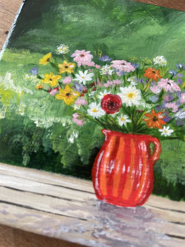 Ramo de campo en florero rojo | Azulejo pintado a mano