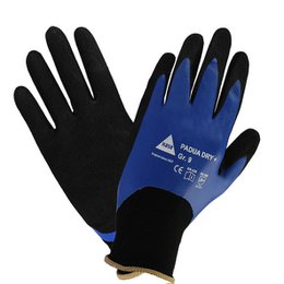 Blue and black waterproof work gloves, padded palm, size 11, durable protective hand wear.