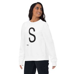 Unisex organic sweater in white and pink colors, available in sizes S to 2XL. Features a simple 'S' logo design.