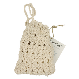 Handmade crocheted soap bag in a natural, off-white color. Features a drawstring closure and a tag that says "Toockies".