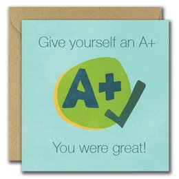 A+ card with green and blue design, celebrating a great achievement.