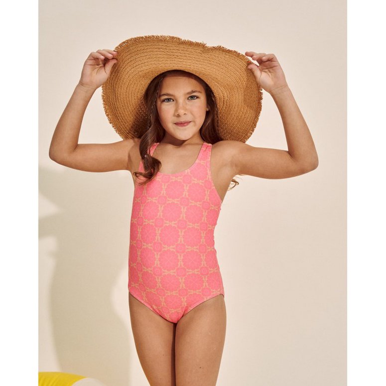 Girm's Fuchsia Retro Print Swimsuit z pomarańczowymi paskami M190-23504021