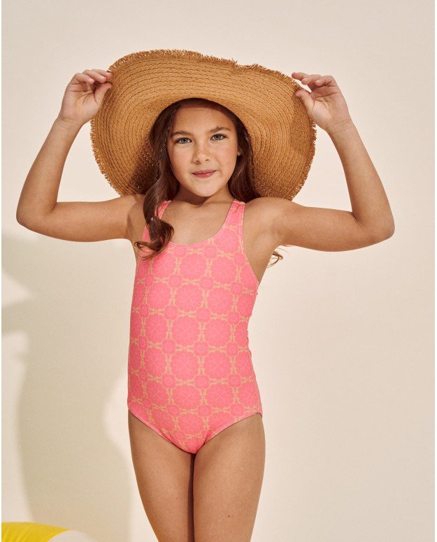 Costume da bagno con stampa retrò fucsia da ragazza con cinturini arancioni M190-23504021