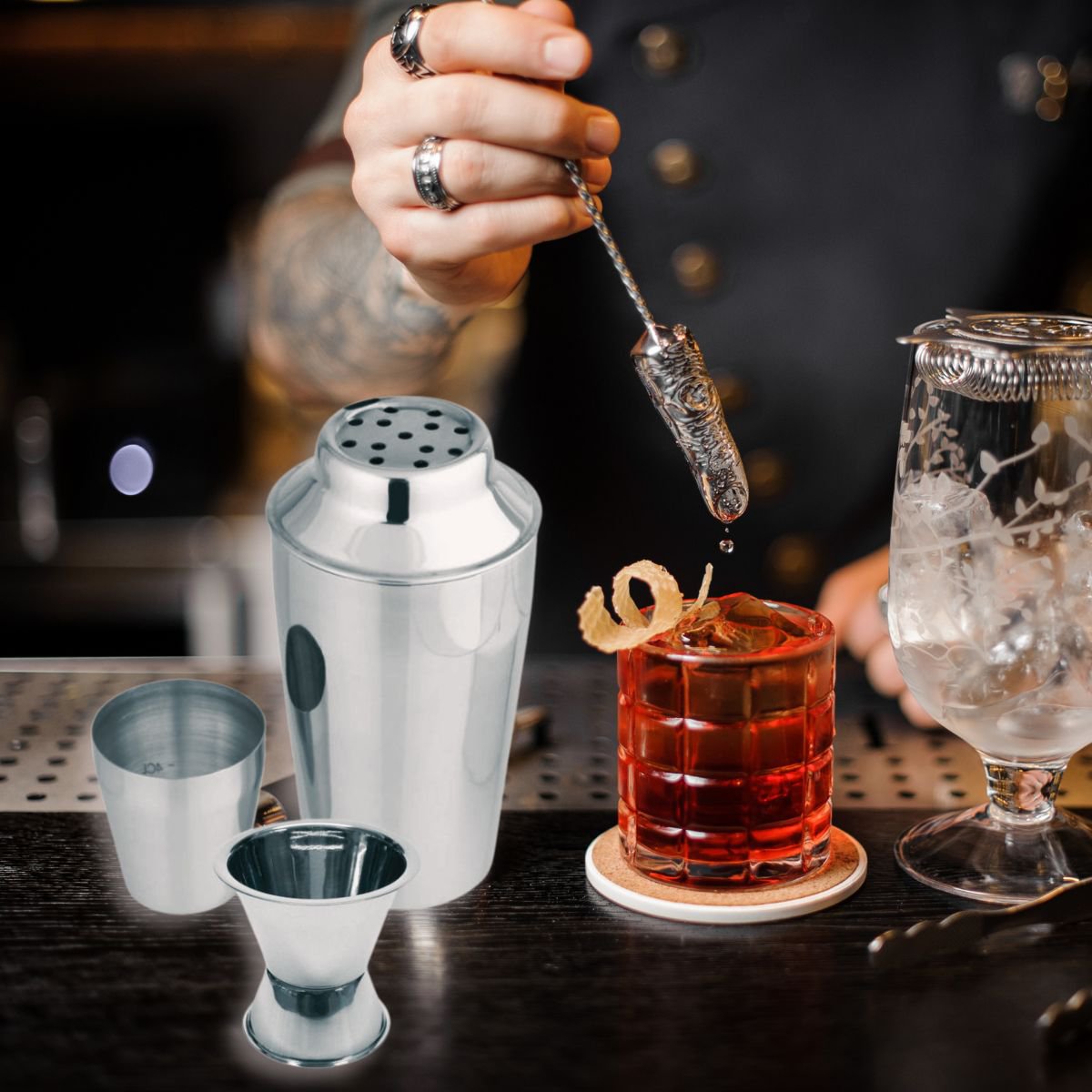 Edelstahl-Cocktailshaker-Set 400 ml und Alkoholmessbecher 2 cl und 4 cl Fackelmann Bar Concept