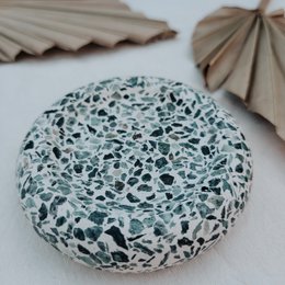 Small round donut tray, white and black speckled ceramic, decorative home accent piece.