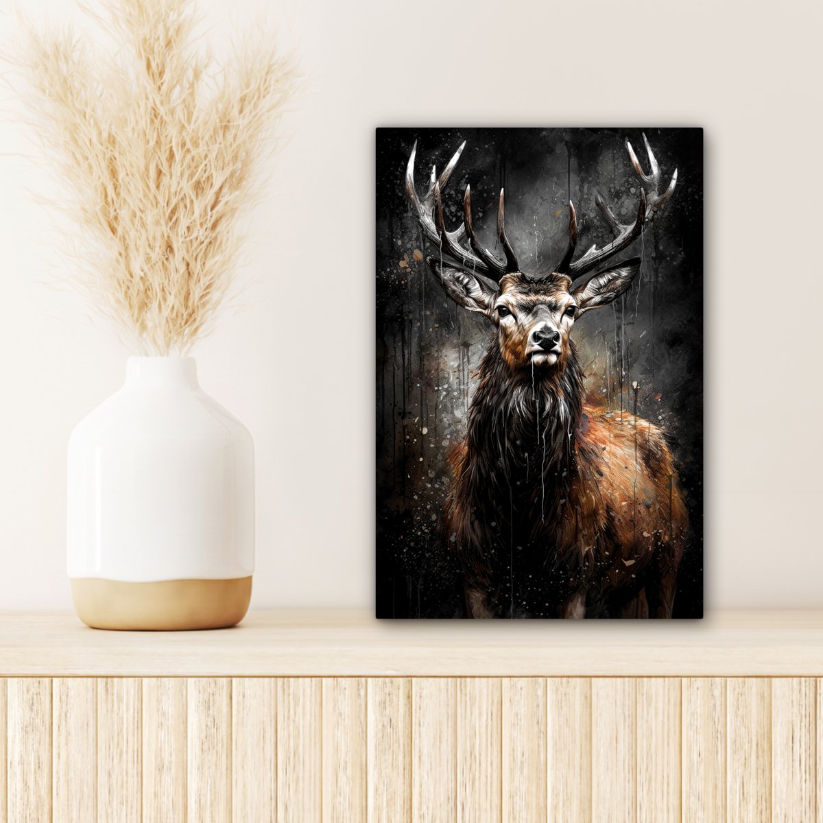 Leinwand Malerei - Wanddekoration Hert - Schwarz - Tier - Hirschbett - Wanddekoration Wohnzimmer - Schlafzimmer Dekoration - Raumzubehör - Leinwand Gemälde