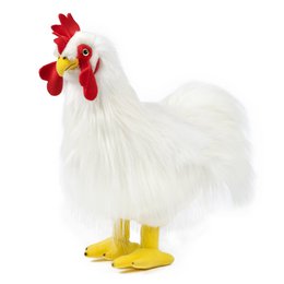 A large, fluffy white plush rooster with a bright red comb and wattle, yellow beak, and yellow feet. The rooster appears to be a realistic representation of a cockerel or male chicken.