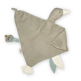  Soft, plush green tea-colored cuddle cloth in the shape of a goose, with a cozy and comforting design perfect for snuggling.
