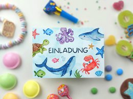 Set di biglietti d'invito subacquei da compilare comprensivi di buste per le feste di compleanno dei bambini squalo o le feste delle sirene