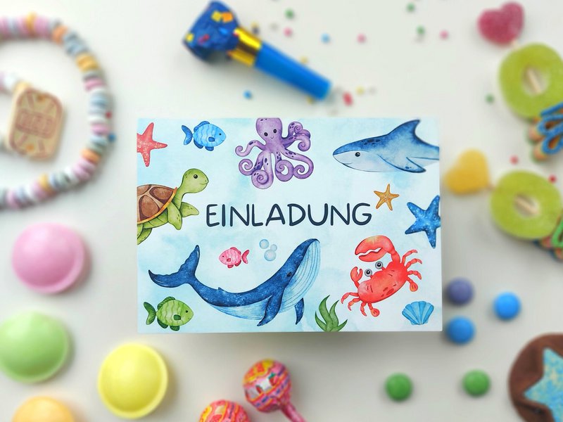 Underwater invitation card set to fill out including envelopes for shark children's birthday parties or mermaid parties
