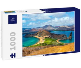 A 1000-piece puzzle depicting the scenic Bartolome Island in Ecuador, featuring a turquoise bay surrounded by volcanic hills and a small boat in the foreground.