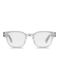 Transparent blue light blocking glasses with rectangular frame shape.