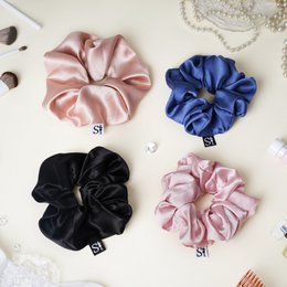 Satin scrunchie, black pink champagne, luxe hair accessory, soft fabric, multiple colors available.
