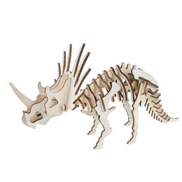 A wooden building kit in the shape of a Triceratops dinosaur. The kit includes various wooden pieces that can be assembled to create a 3D model of the prehistoric creature.