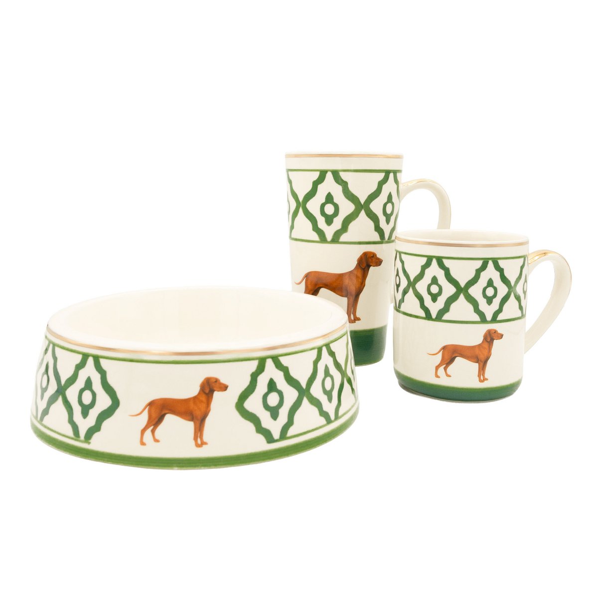 Tasse à café/tasse à café modèle Vizsla en céramique, peinte à la main avec motif Vizsla, bord doré et anse dorée, 250 ml. Contenu de la tasse disponible en rouge, vert et bleu