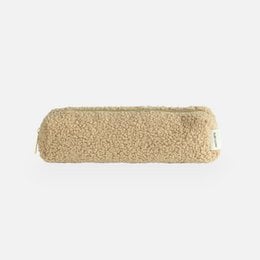 A brown, plush teddy bear-shaped pencil case. Made of soft, fuzzy material for a cozy, comfortable storage solution for pens, pencils, and other small school supplies.