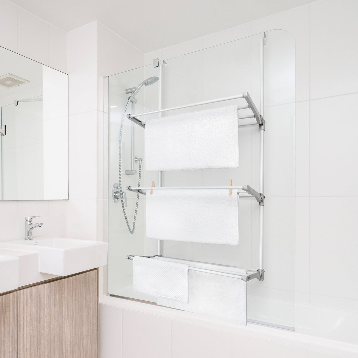 Rayén | Tendedero Plegable para Puertas y Pared, Varillas XXL, Superficie de Secado de 8m, Multifuncional, Blanco y Gris, 62,5x32,7x124cm