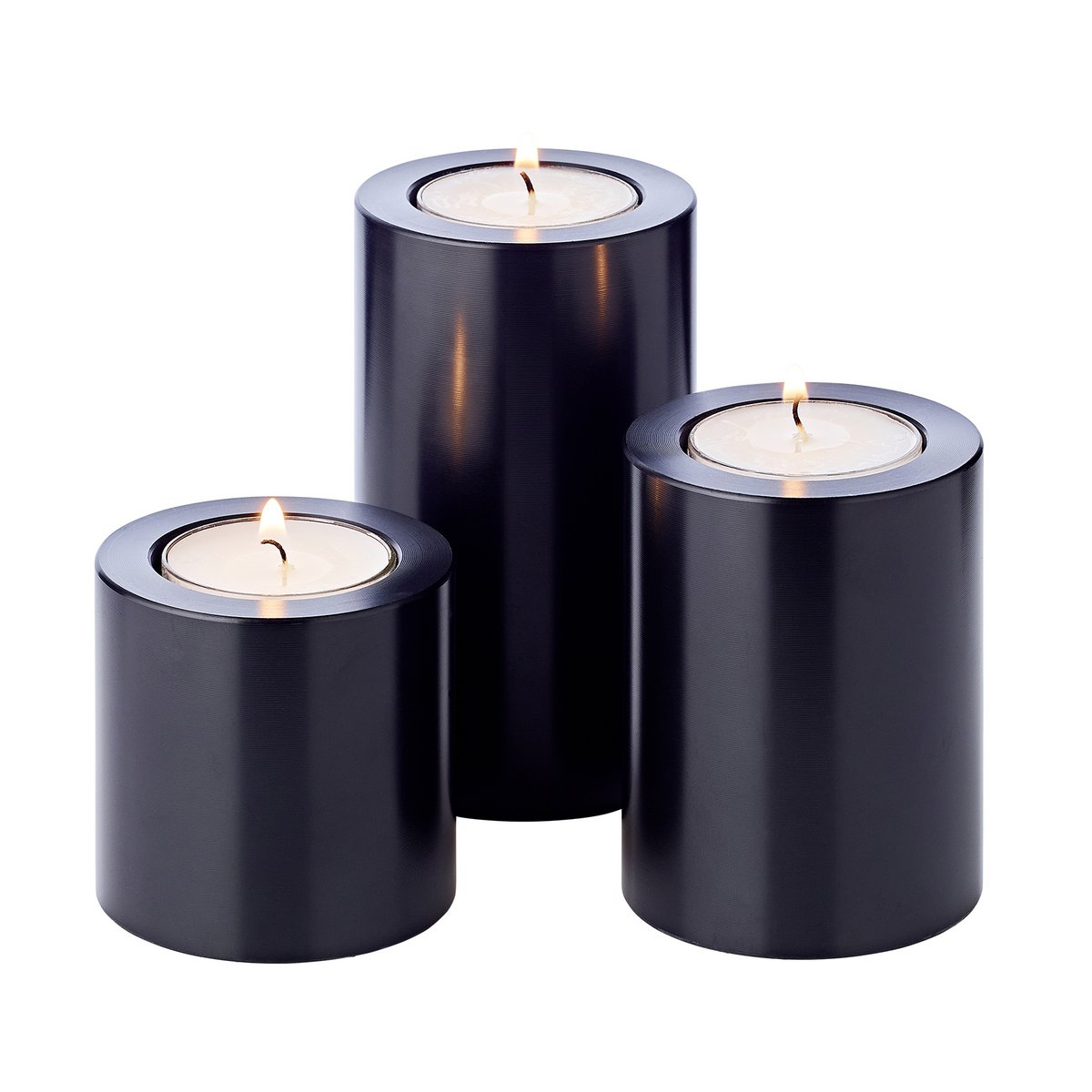 Set of 3 permanent candles Cornelius (Ø 6cm, heights 6/8/10 cm) black, tealight holder heat-resistant 90°