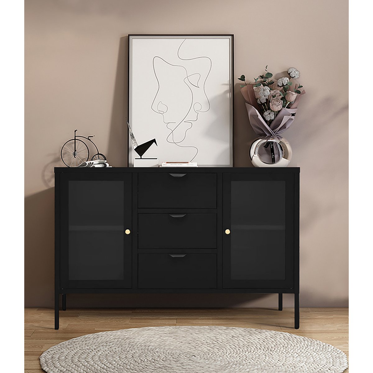 Dalby Dressoir - Zwart, staal, glas, 140x40x85cm