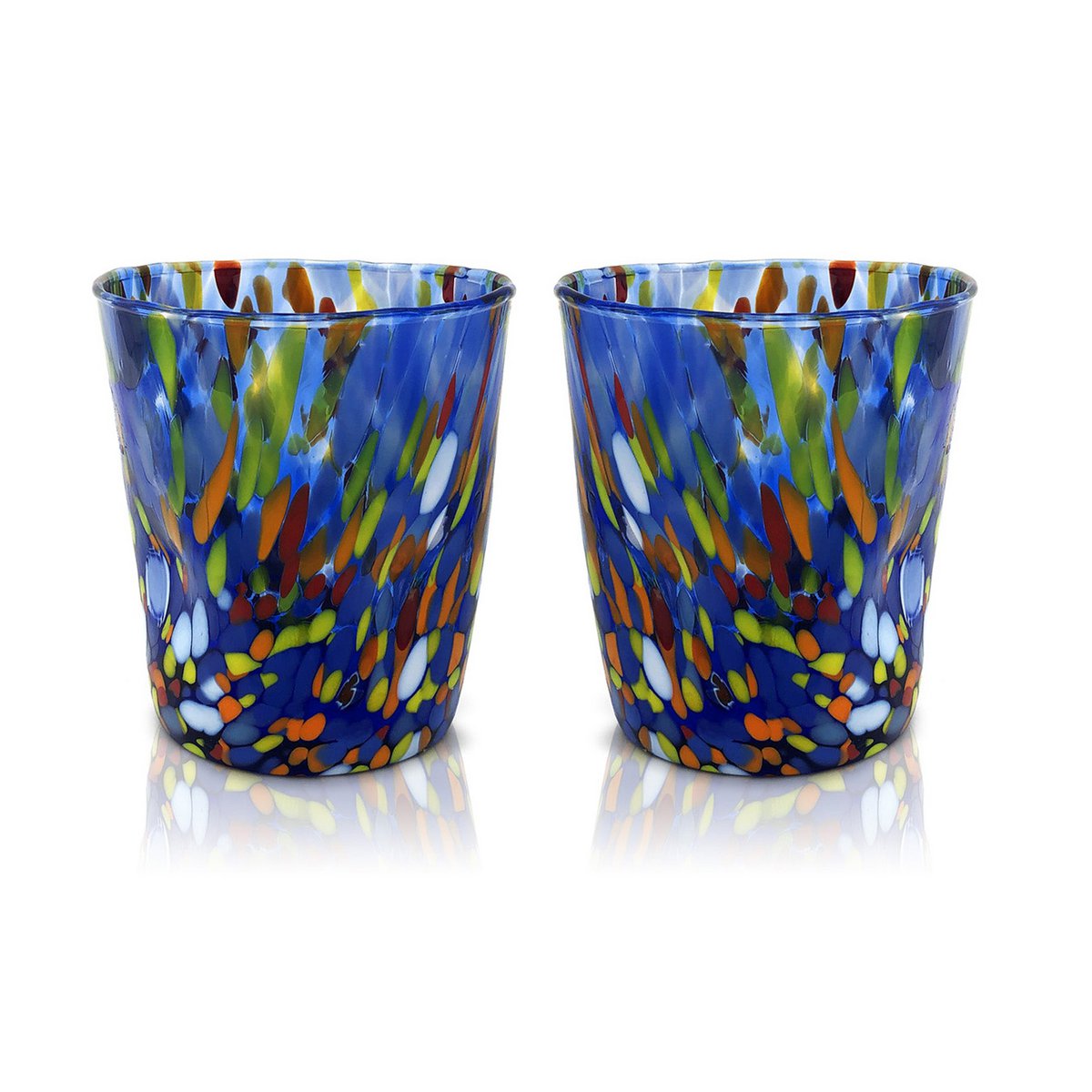 Klassische Trinkgläser aus mundgeblasenem und handgefertigtem Glas mit Murano-Murrin, Linie „I Colori di Murano“, 350 ml. Hergestellt in Italien